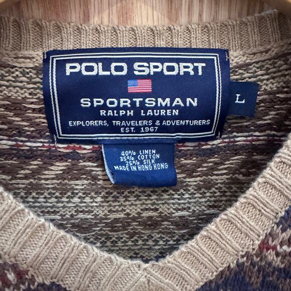 Vintage Polo Sport Ralph Lauren Sweater Vest Wool Fair Isle Tan V-Neck Men's L - Picture 2 of 4
